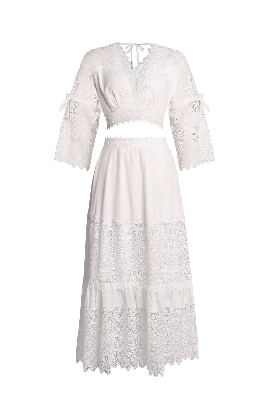 Rebecca White Lace Maxi Dress V Neck Flare Sleeves Adjustable Waist Elegant Formal Evening Gown