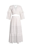 Rebecca White Lace Maxi Dress V Neck Flare Sleeves Adjustable Waist Elegant Formal Evening Gown