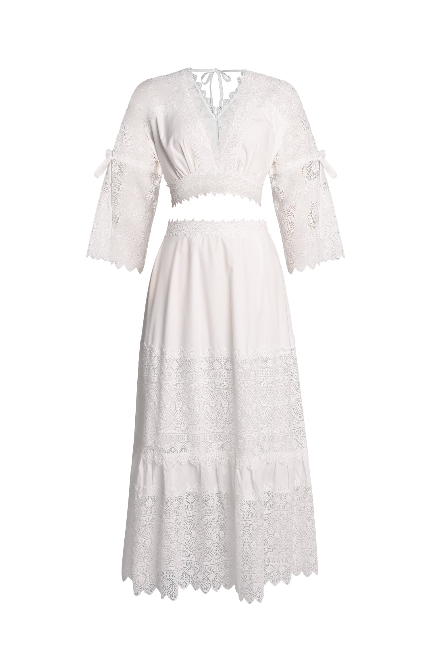 Rebecca White Lace Maxi Dress V Neck Flare Sleeves Adjustable Waist Elegant Formal Evening Gown