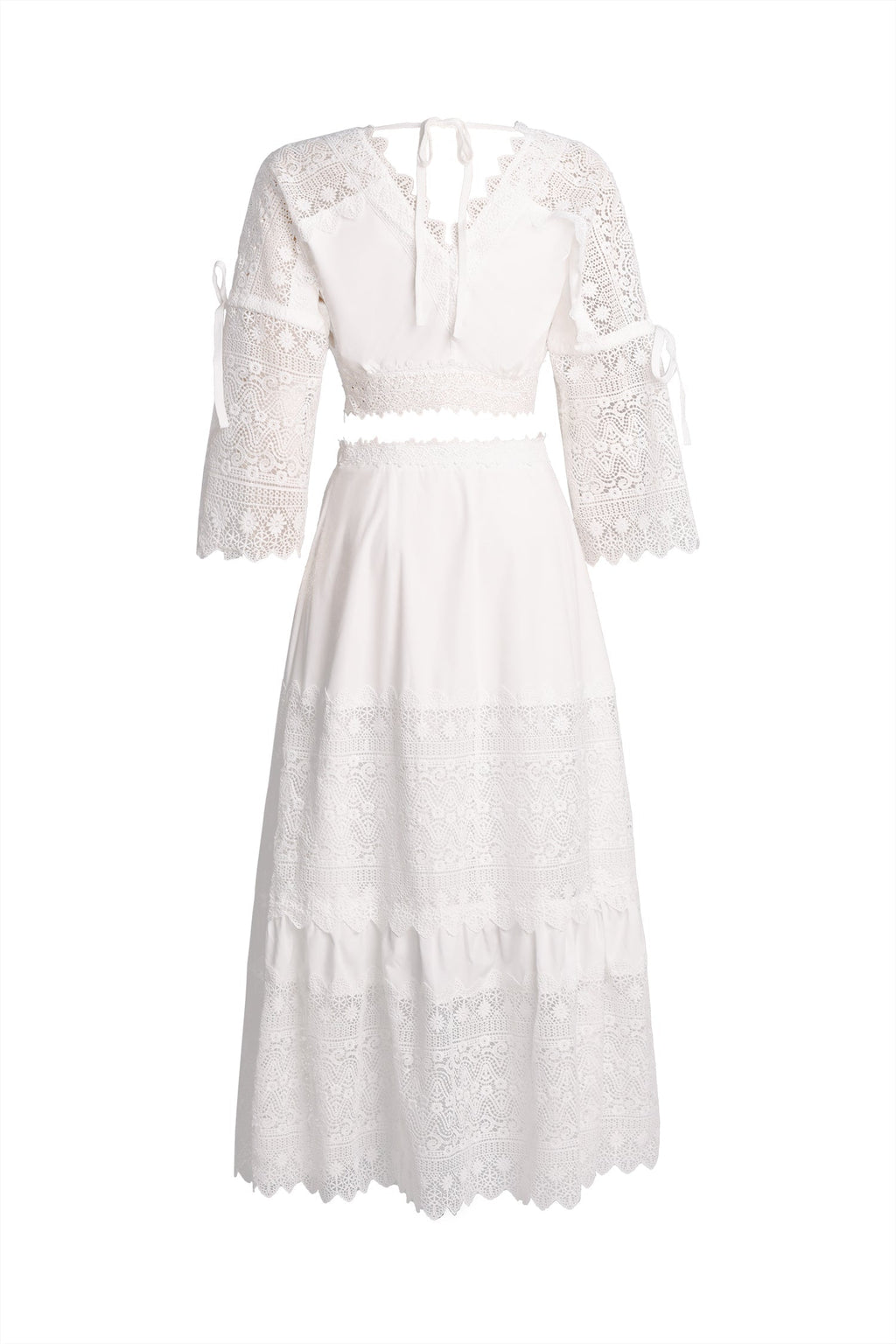 Rebecca White Lace Maxi Dress with Flare Sleeves and Waist Ties for Special Occasions