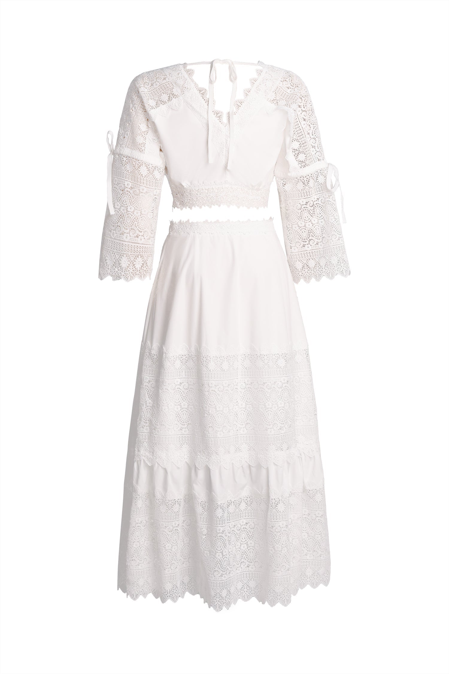 Rebecca White Lace Maxi Dress with Flare Sleeves and Waist Ties for Special Occasions