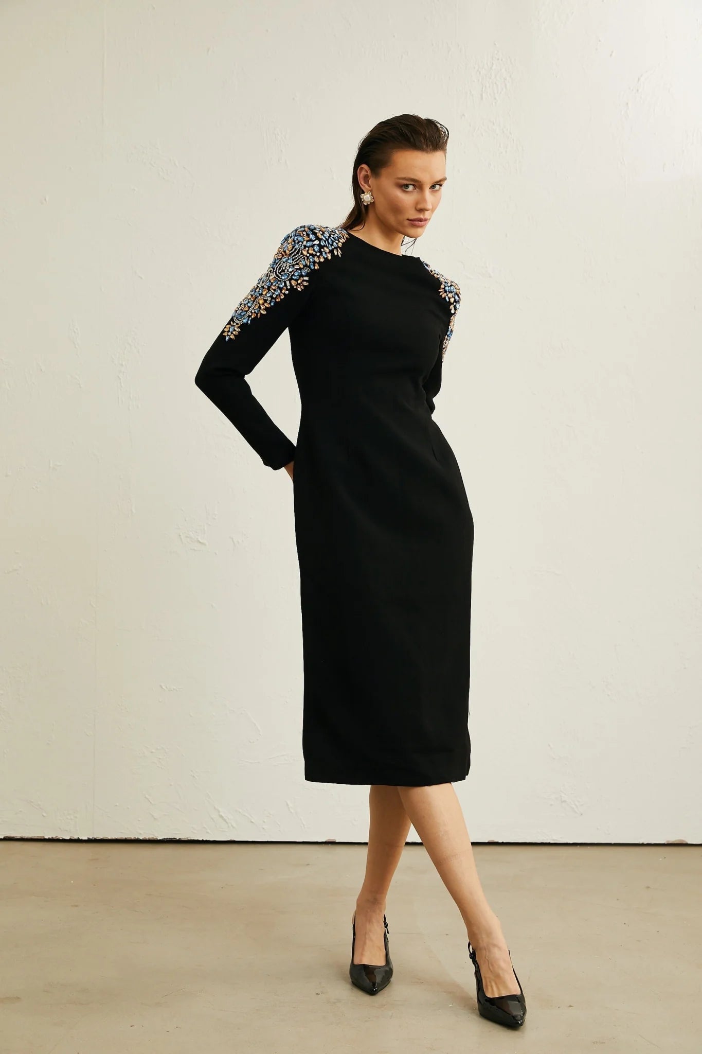 Rebekah Midi Dress Black Crystal Embellished Zippered Cuffs & Rear Slit