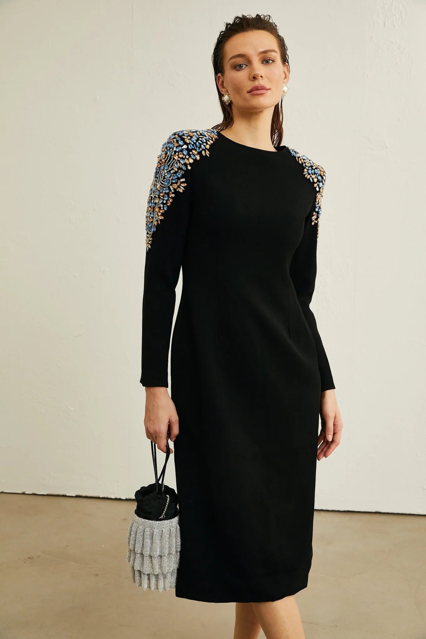 Rebekah Midi Dress Black Crystal Embellished Zippered Cuffs & Rear Slit