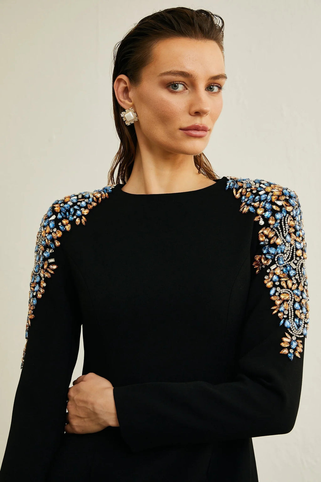 Rebekah Midi Dress Black Crystal Embellished Zippered Cuffs & Rear Slit