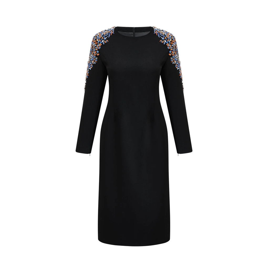 Rebekah Midi Dress Black Crystal Embellished Zippered Cuffs & Rear Slit