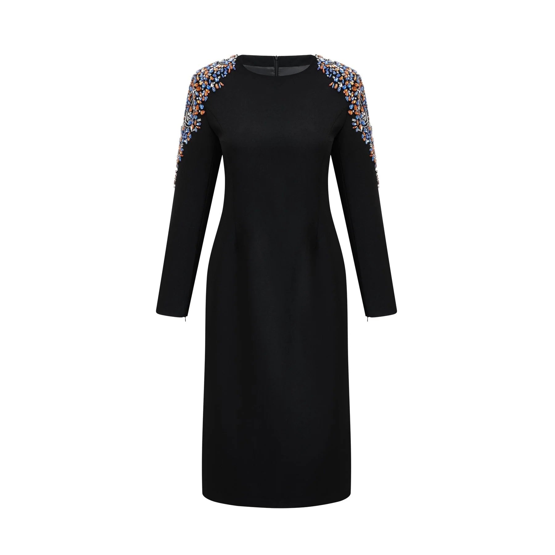 Rebekah Midi Dress Black Crystal Embellished Zippered Cuffs & Rear Slit