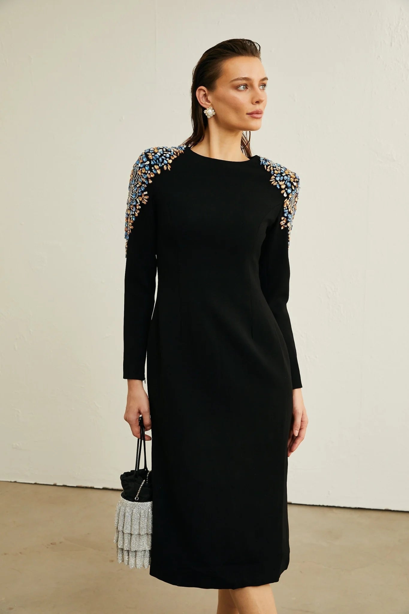 Rebekah Midi Dress Black Crystal Embellished Zippered Cuffs & Rear Slit