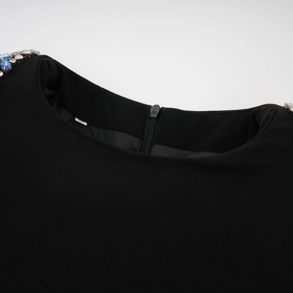 Rebekah Midi Dress Black Crystal Embellished Zippered Cuffs & Rear Slit