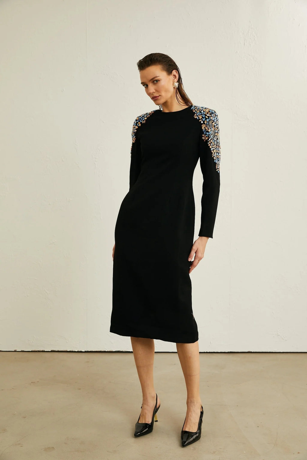 Rebekah Midi Dress Black Crystal Embellished Zippered Cuffs & Rear Slit
