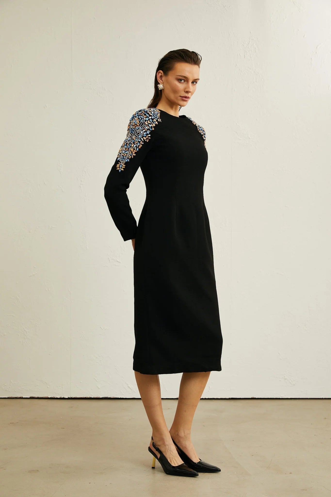 Rebekah Midi Dress Black Crystal Embellished Zippered Cuffs & Rear Slit
