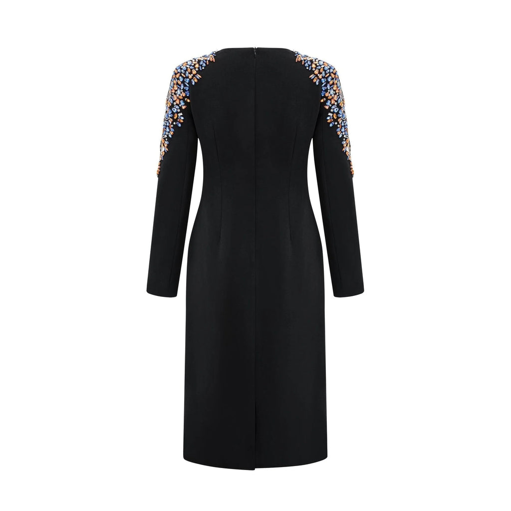 Rebekah Midi Dress Black Crystal Embellished Zippered Cuffs & Rear Slit