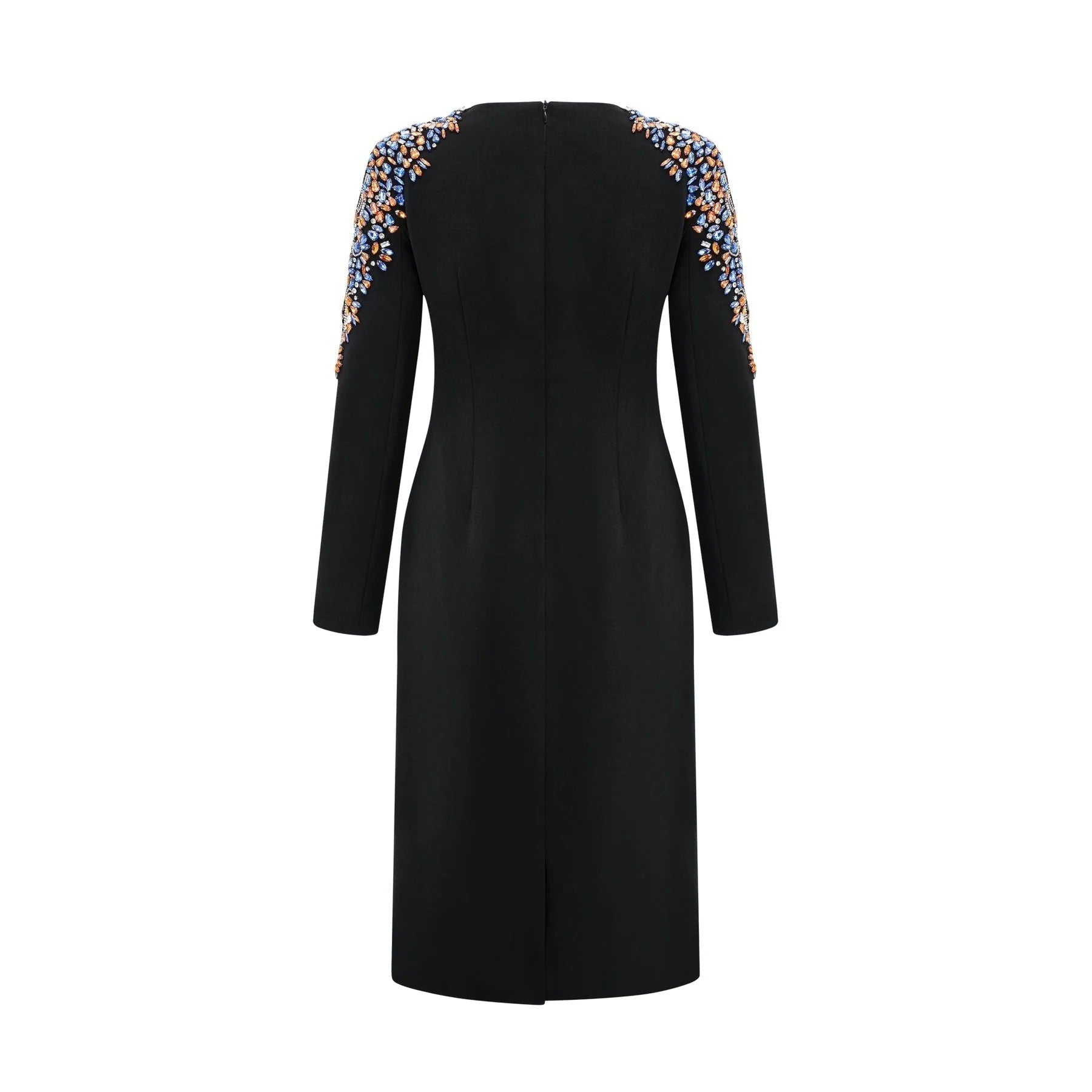 Rebekah Midi Dress Black Crystal Embellished Zippered Cuffs & Rear Slit
