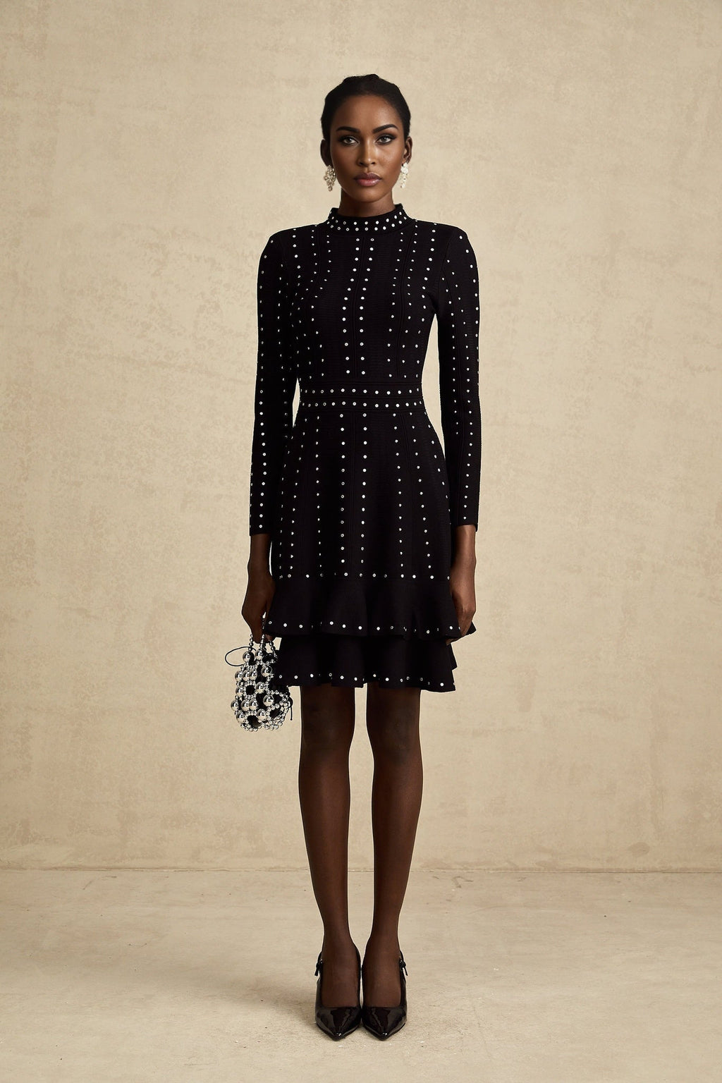 Rebekah Mini Dress Black Knit Tiered Ruffled Embellished
