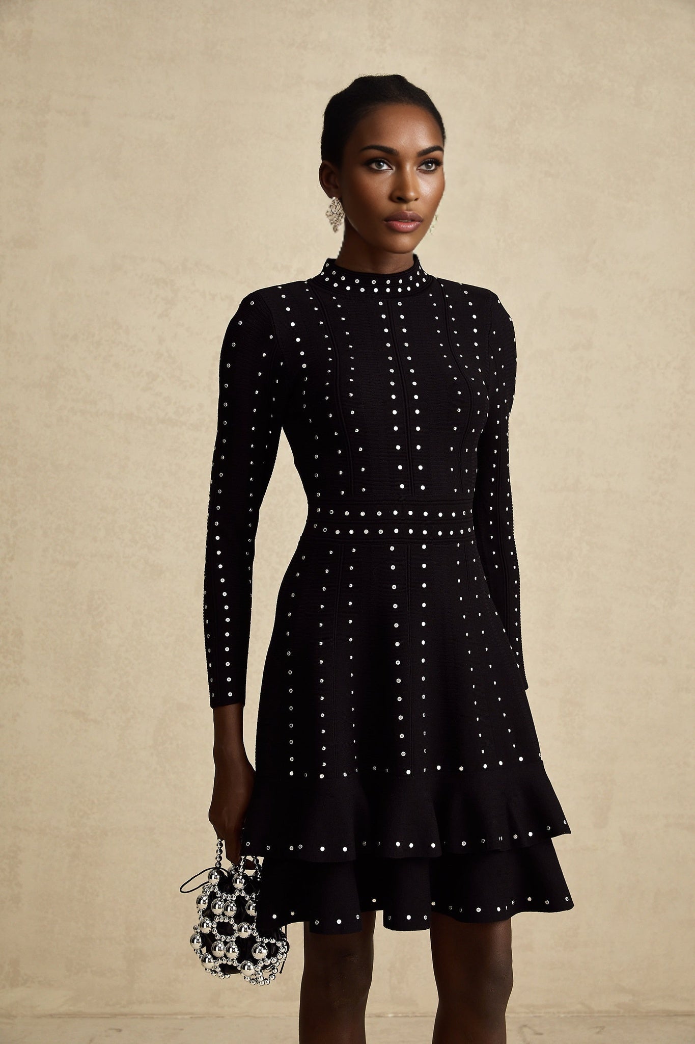 Rebekah Mini Dress Black Knit Tiered Ruffled Embellished