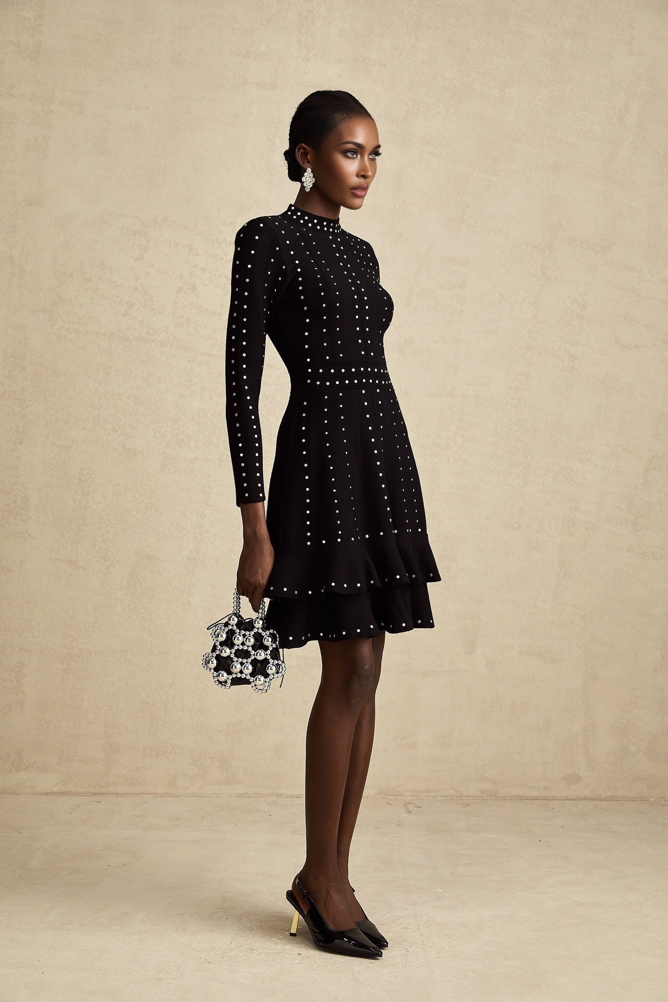 Rebekah Mini Dress Black Knit Tiered Ruffled Embellished