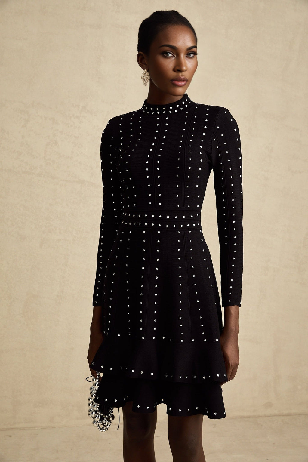 Rebekah Mini Dress Black Knit Tiered Ruffled Embellished