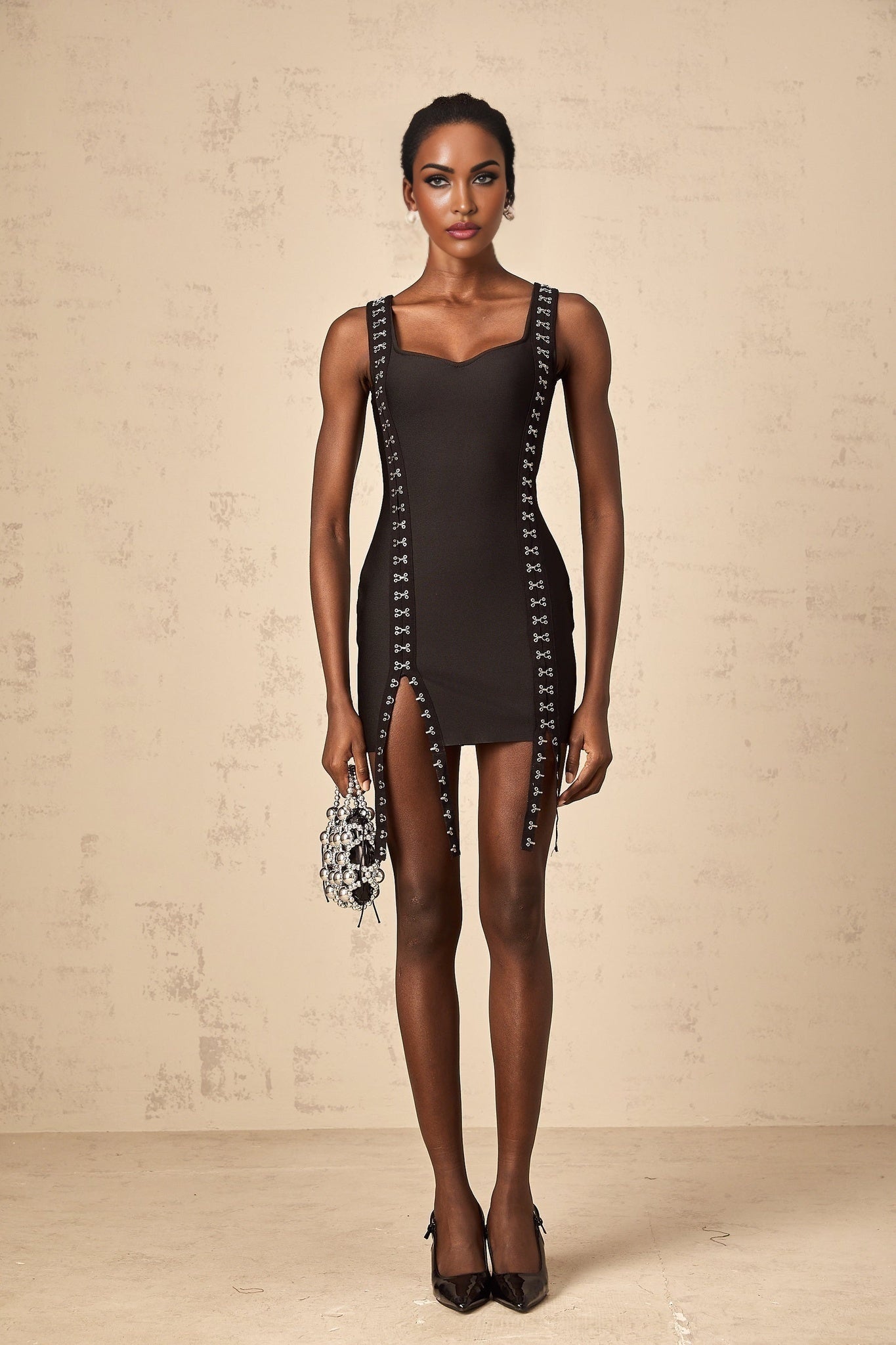 Rebekah Mini Dress Elegant Black Ribbon Split Hem
