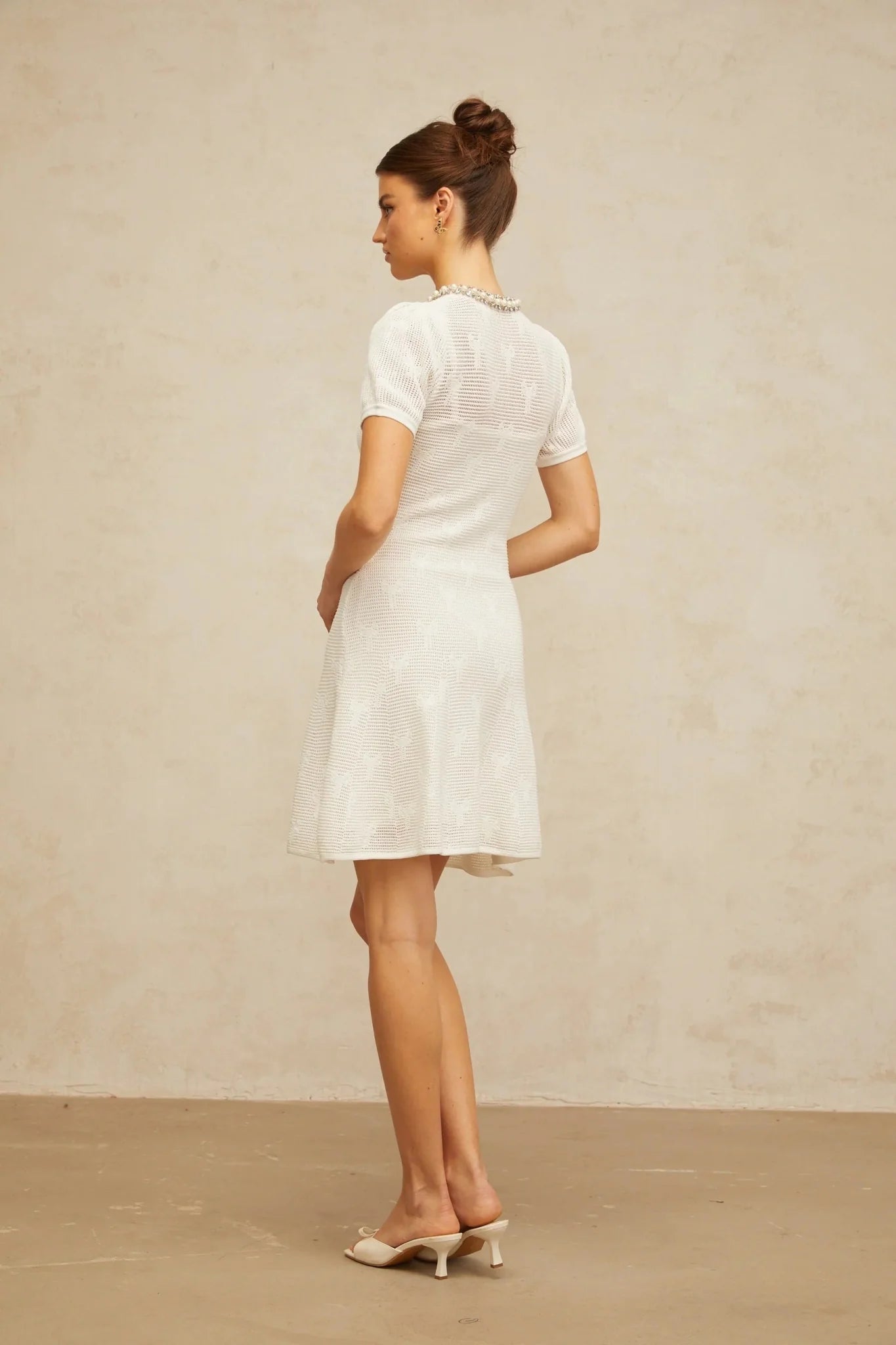 Rebekah Mini Dress White Crochet - Knit Bow Pearl Crystal Flare Hem Patch Pockets