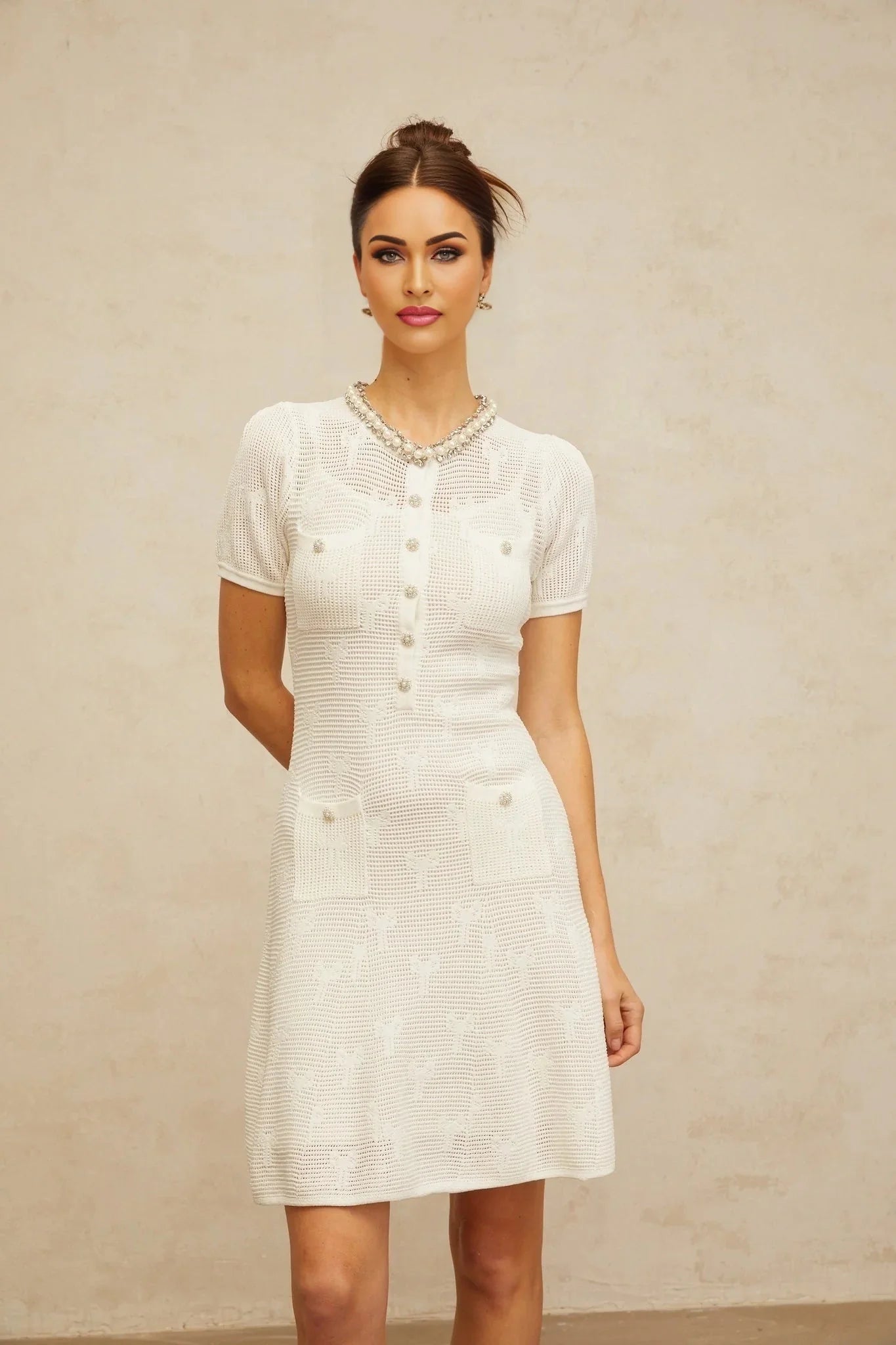 Rebekah Mini Dress White Crochet - Knit Bow Pearl Crystal Flare Hem Patch Pockets