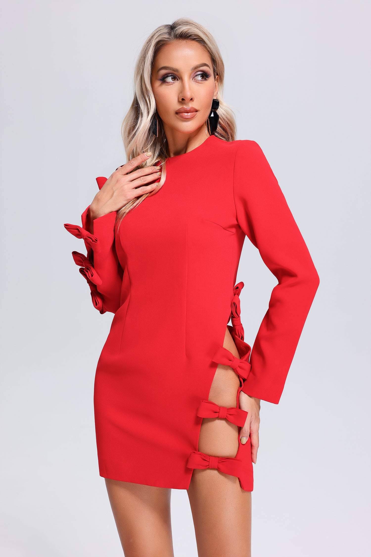 Red Josie Bowknots Mini Dress with Sleeve Bowknot Detailing