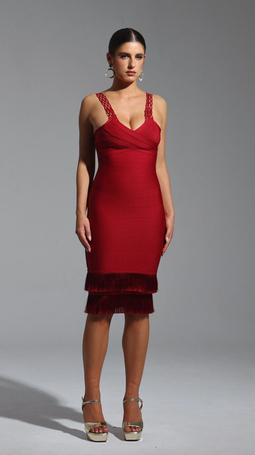 Red Loretta Sleeveless Tassel Bandage Mini Dress worn by Adalgisa