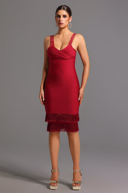 Red Loretta Sleeveless Tassel Bandage Mini Dress on Adalgisa