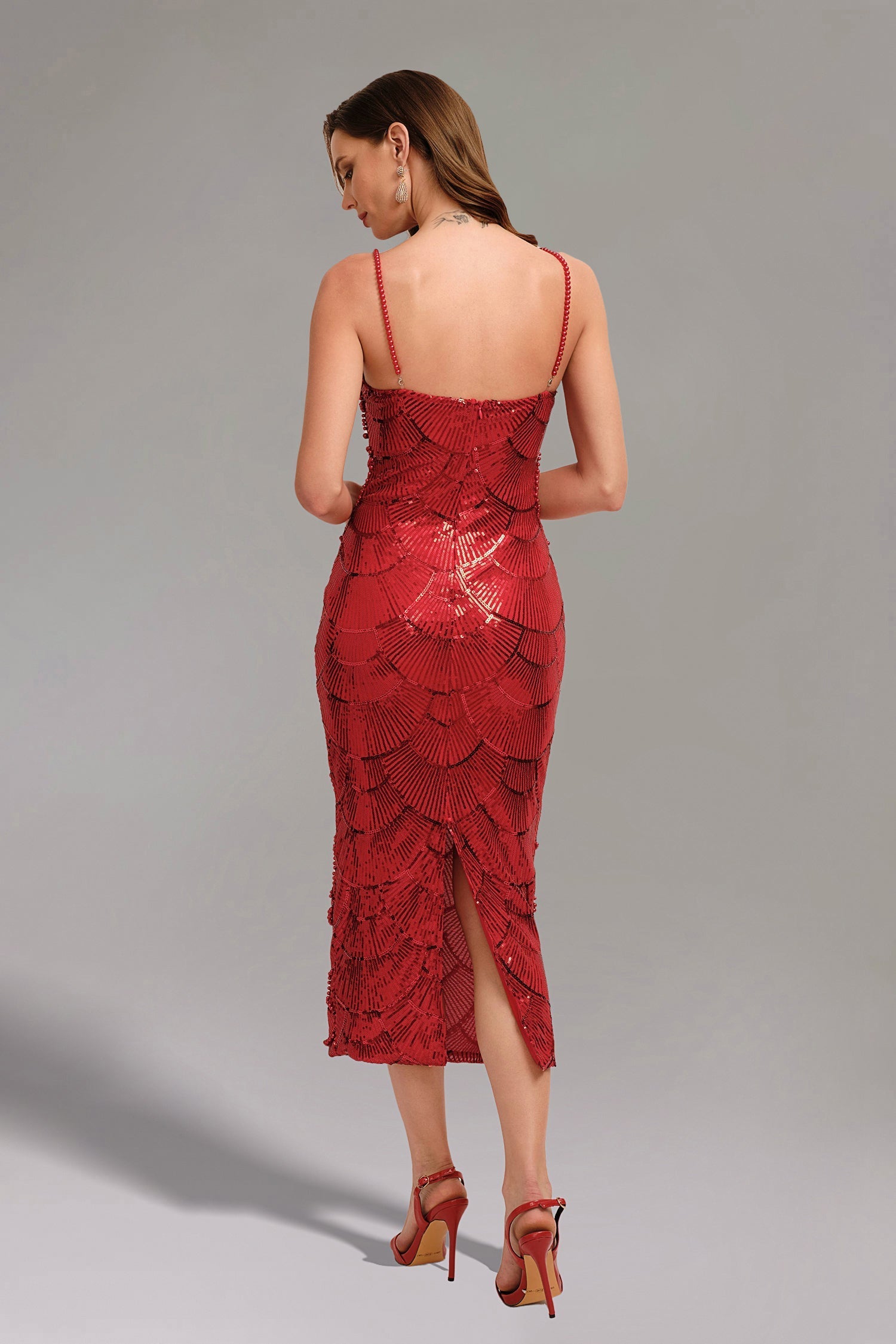 Red Teresa Pearl Sequin Midi Dress with intricate pearl and sequin detailing