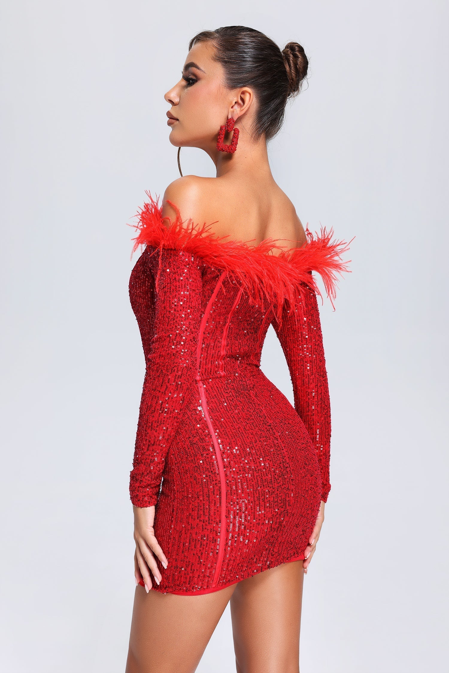 Red Wooh Feather Sequin Mini Dress off-the-shoulder neckline with feather detailing and sequins