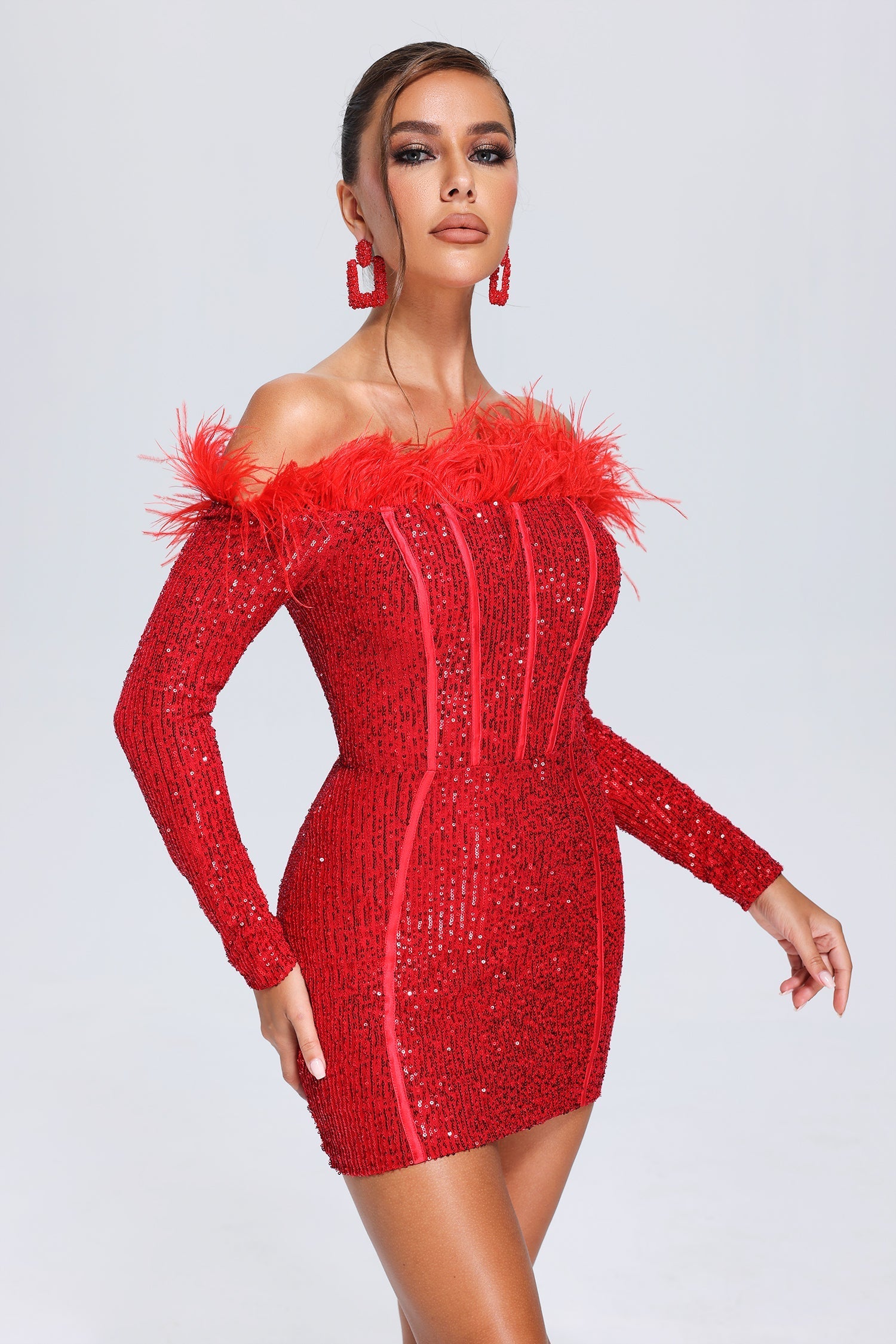 Red Wooh Feather Sequin Mini Dress off-the-shoulder neckline with feather detailing and sequins