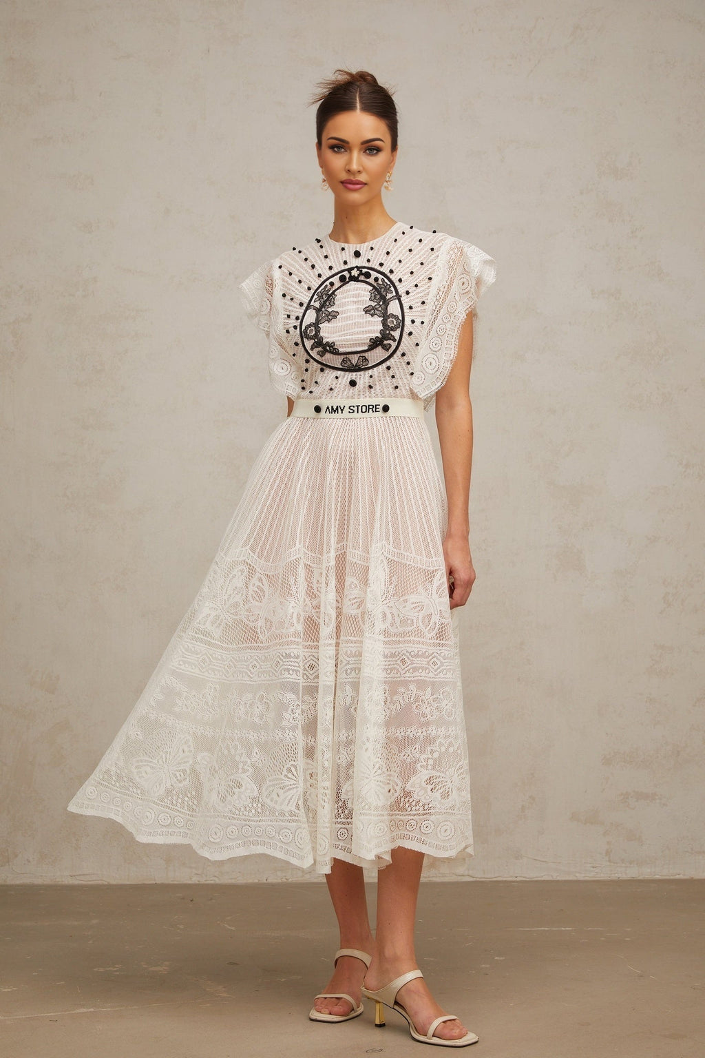 Remi Floral Midi Dress in White & Black with Jacqaurd Weave & Pleated Details