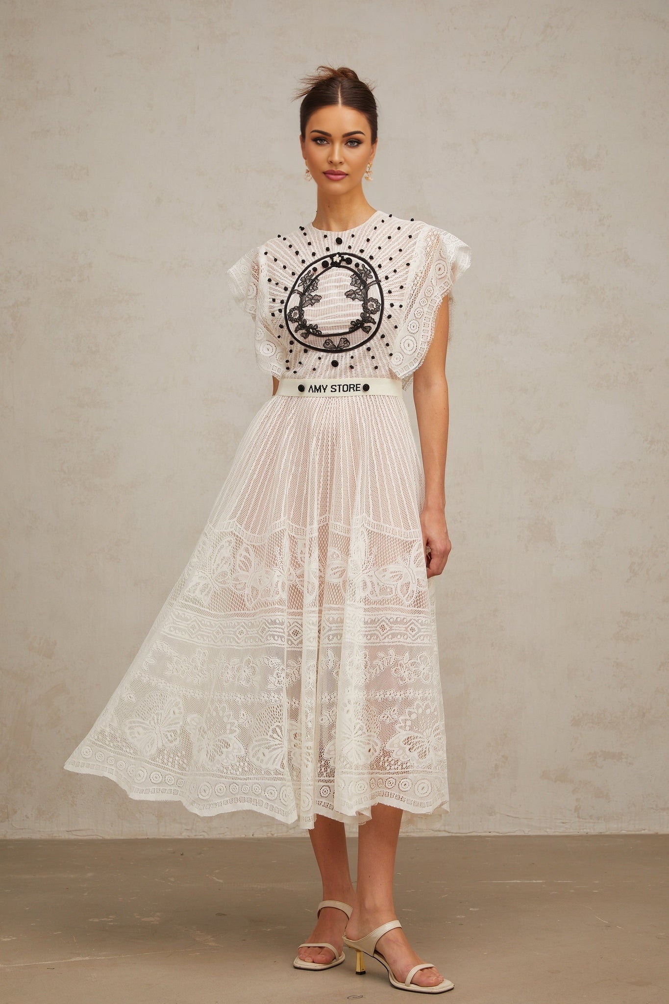 Remi Floral Midi Dress in White & Black with Jacqaurd Weave & Pleated Details