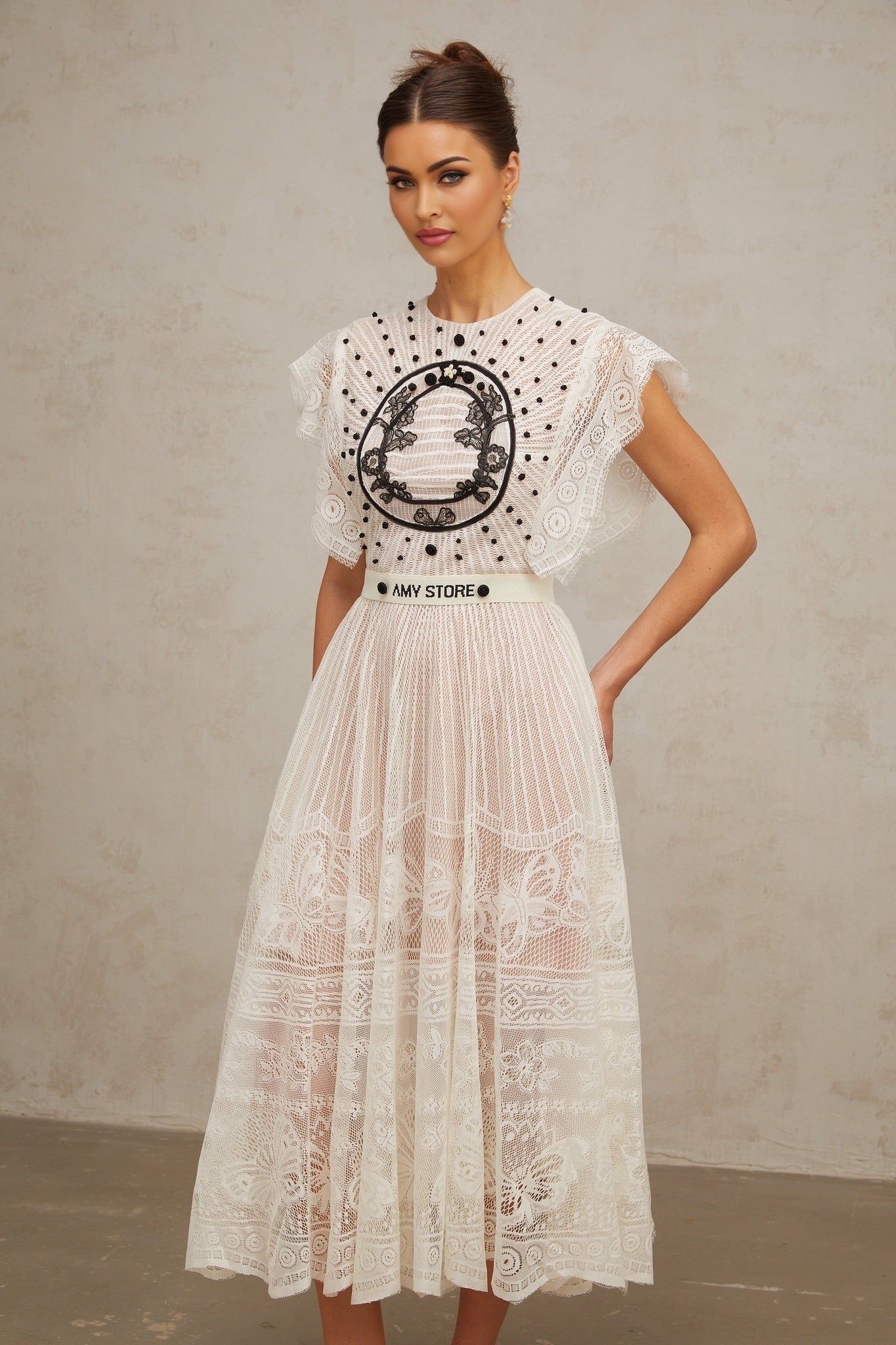 Remi Floral Midi Dress in White & Black with Jacqaurd Weave & Pleated Details