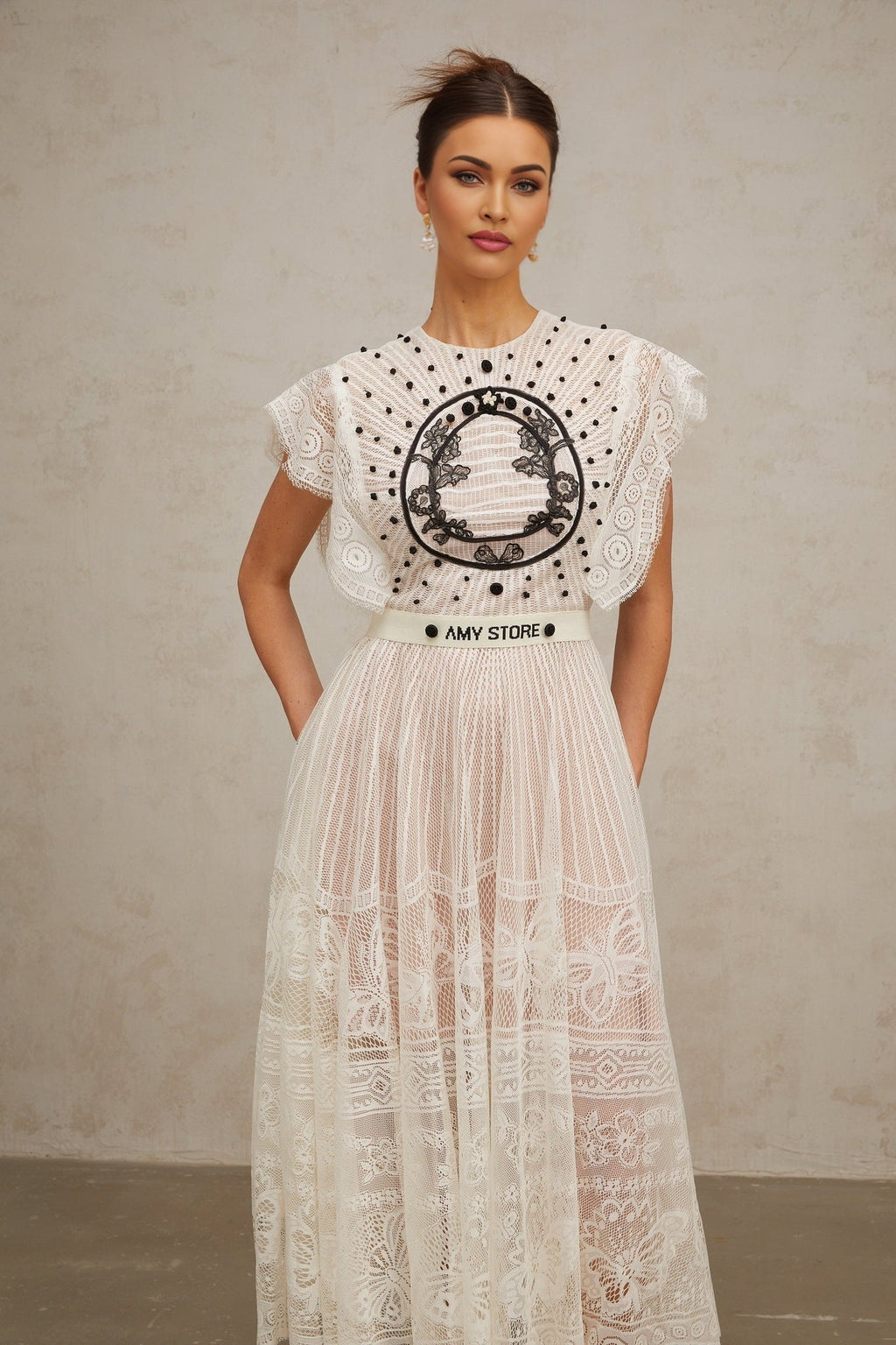 Remi Floral Midi Dress in White & Black with Jacqaurd Weave & Pleated Details