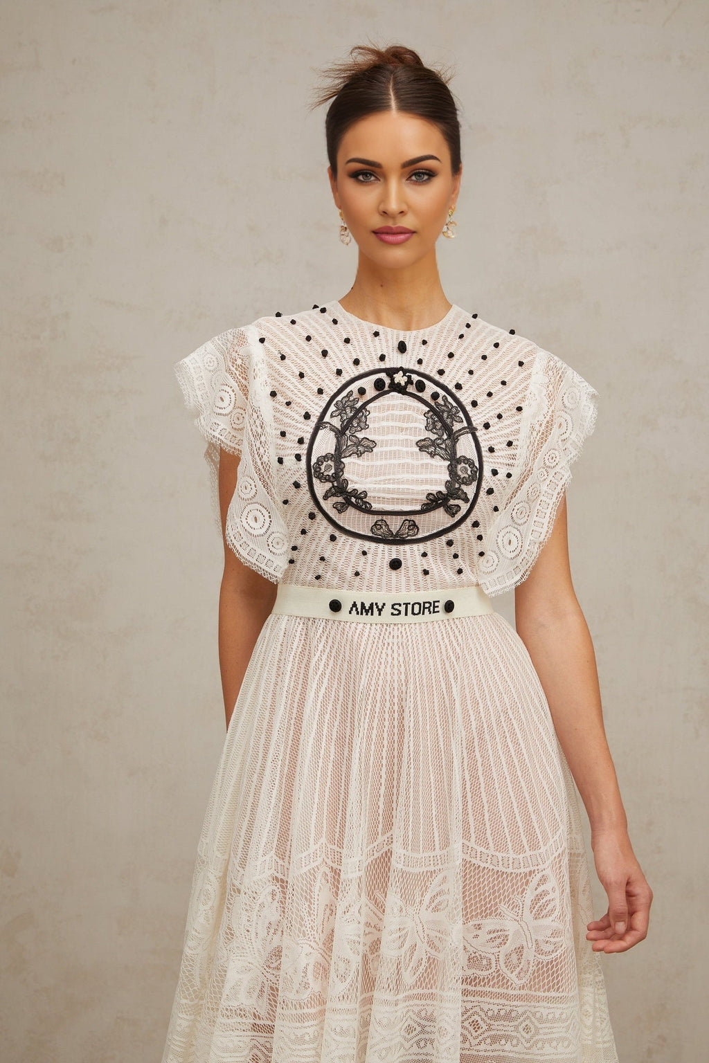Remi Floral Midi Dress in White & Black with Jacqaurd Weave & Pleated Details