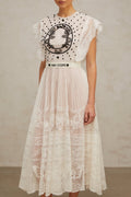 Remi Floral Midi Dress in White & Black with Jacqaurd Weave & Pleated Details