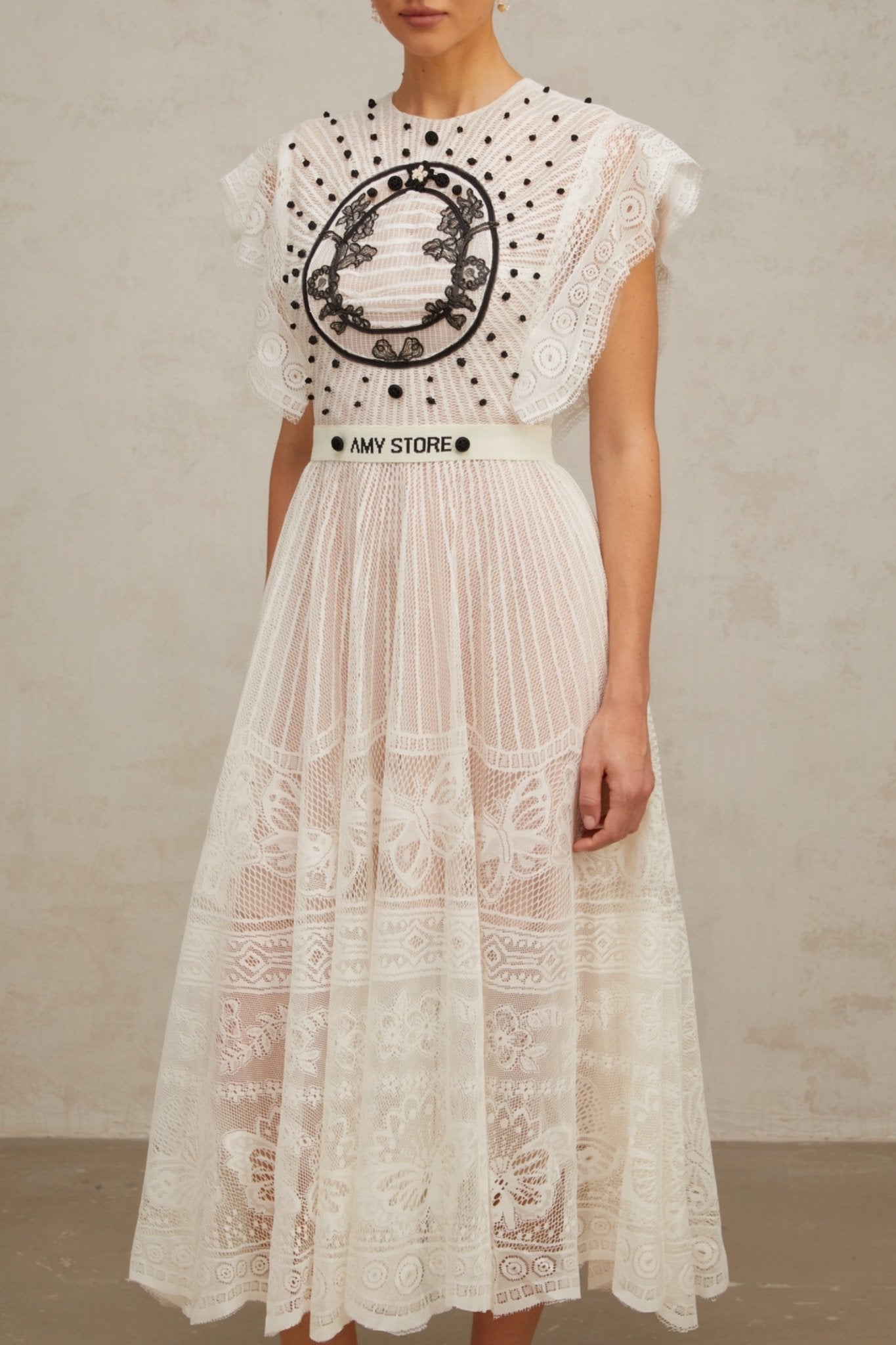 Remi Floral Midi Dress in White & Black with Jacqaurd Weave & Pleated Details