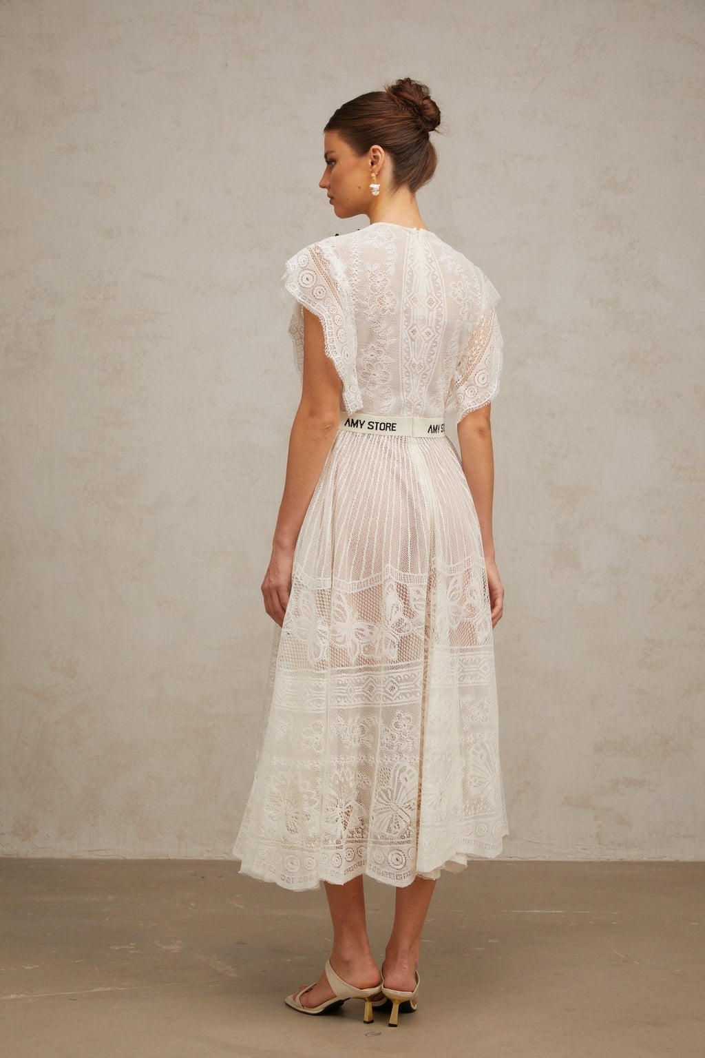Remi Floral Midi Dress in White & Black with Jacqaurd Weave & Pleated Details