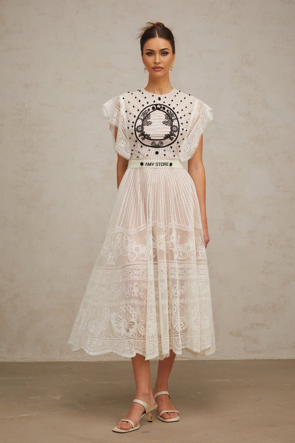 Remi Floral Midi Dress in White & Black with Jacqaurd Weave & Pleated Details