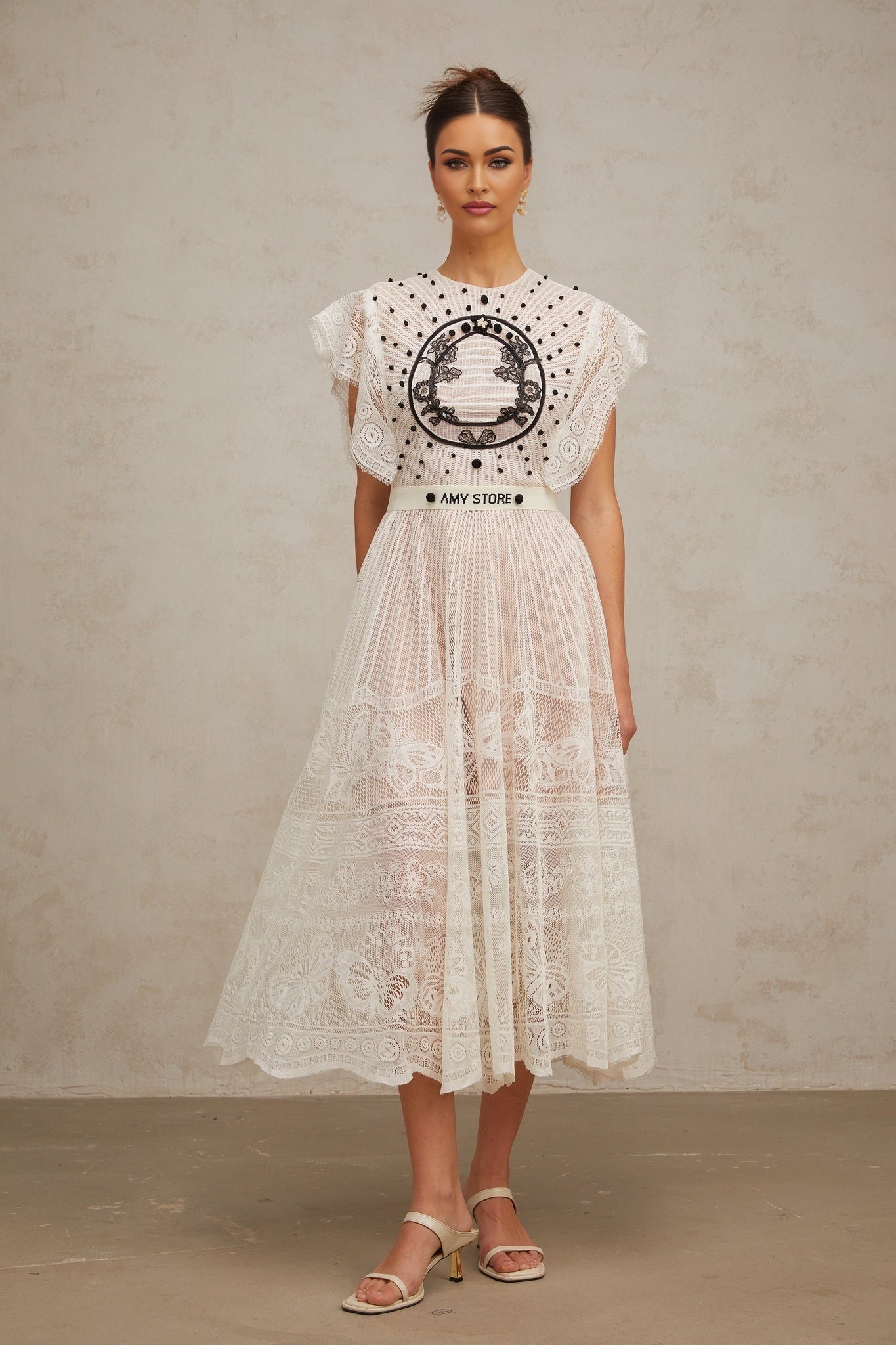 Remi Floral Midi Dress in White & Black with Jacqaurd Weave & Pleated Details