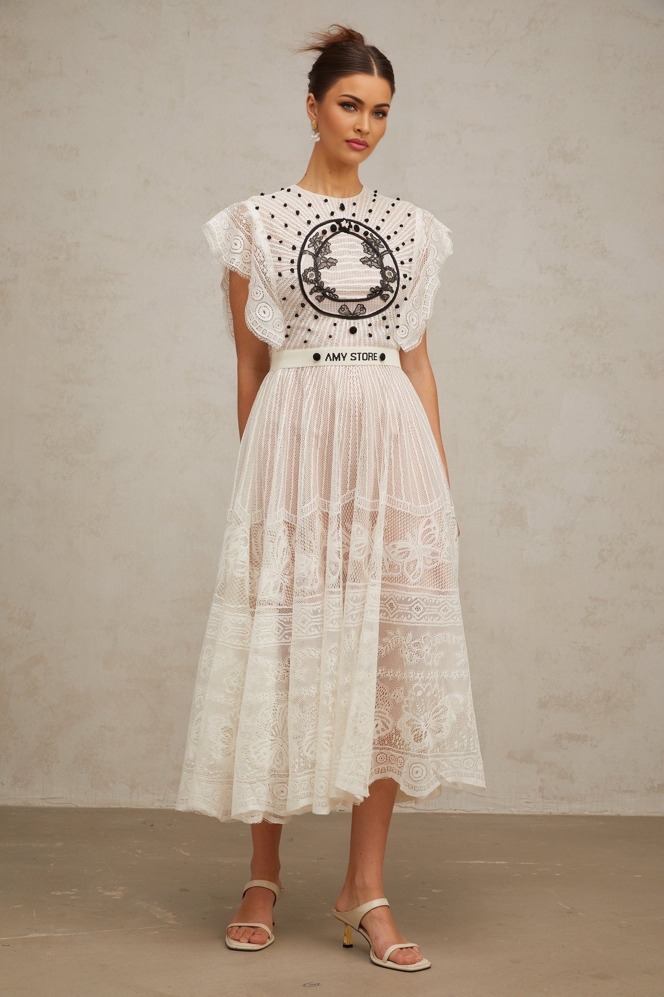 Remi Floral Midi Dress in White & Black with Jacqaurd Weave & Pleated Details