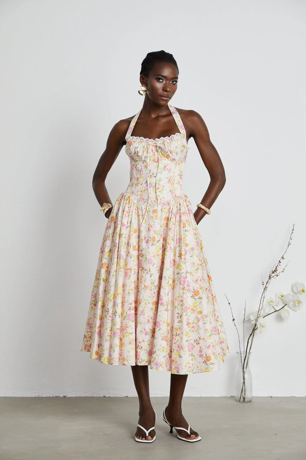 Remi Floral Midi Dress Pink Halterneck with Pleated Bustier & Corset Style