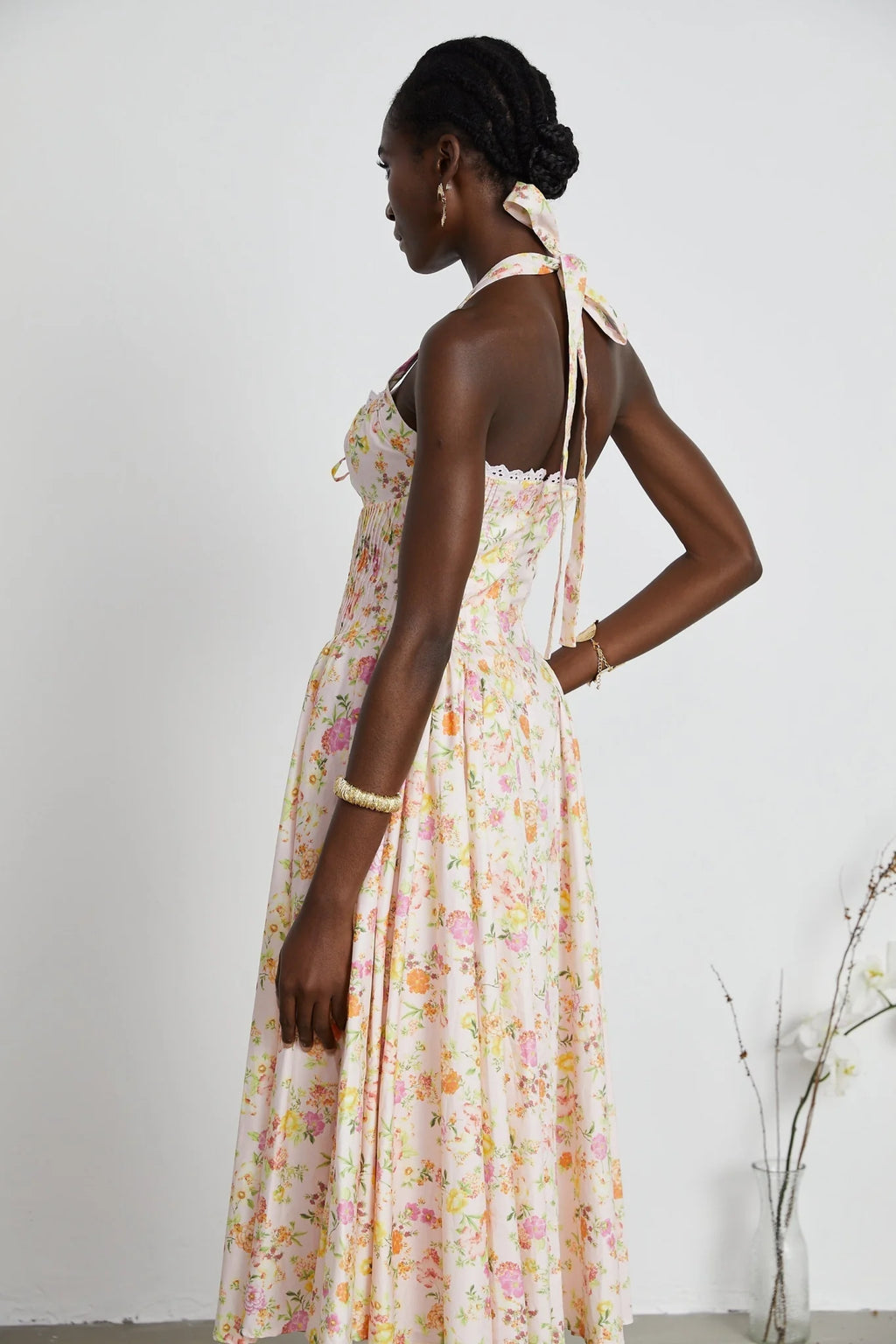 Remi Floral Midi Dress Pink Halterneck with Pleated Bustier & Corset Style