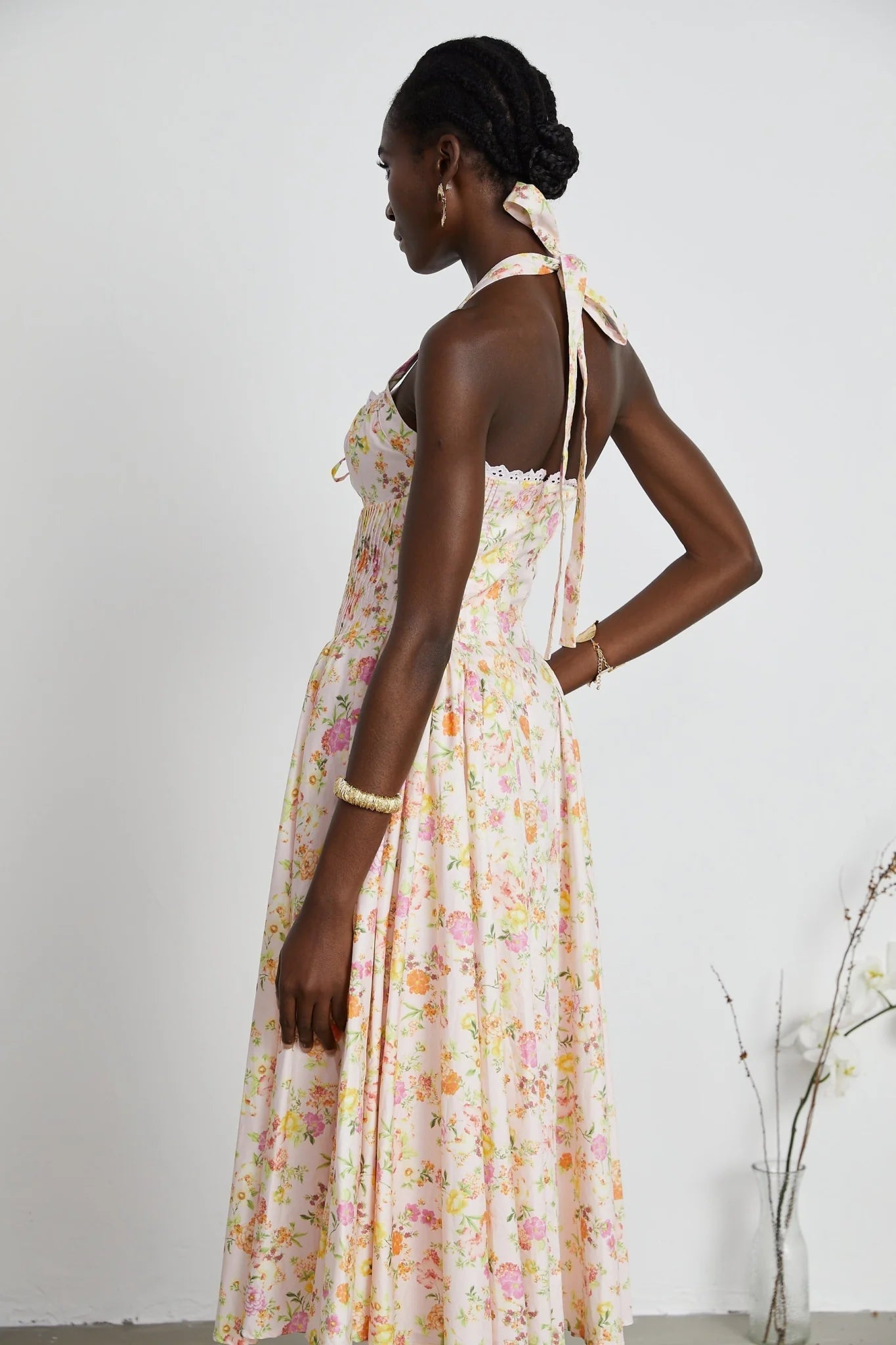 Remi Floral Midi Dress Pink Halterneck with Pleated Bustier & Corset Style