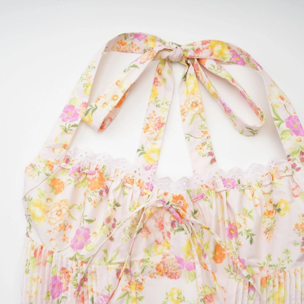 Remi Floral Midi Dress Pink Halterneck with Pleated Bustier & Corset Style