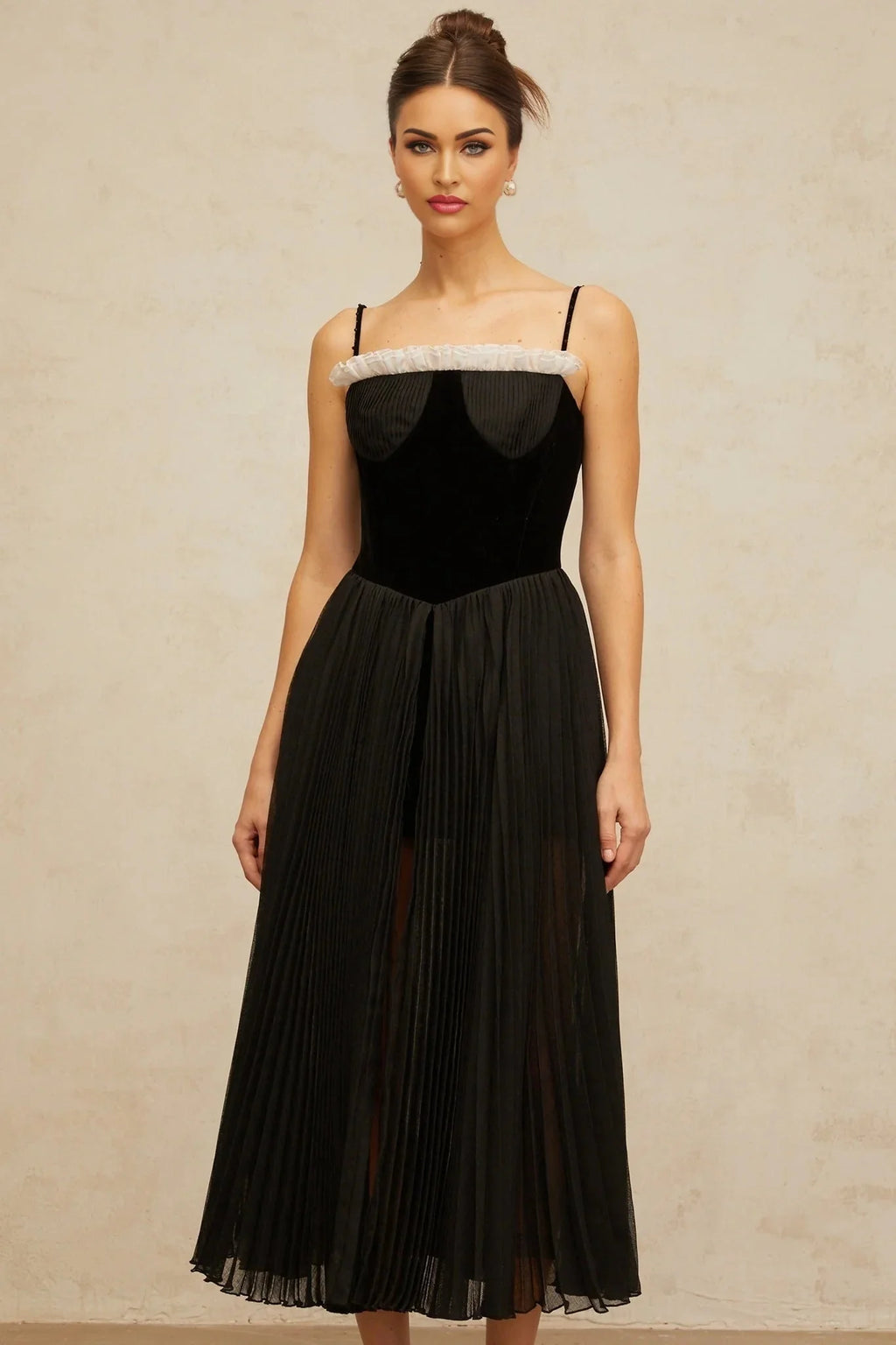 Remi Midi Dress Black & White Velvet Panel Ruffle Slit