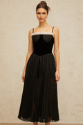 Remi Midi Dress Black & White Velvet Panel Ruffle Slit
