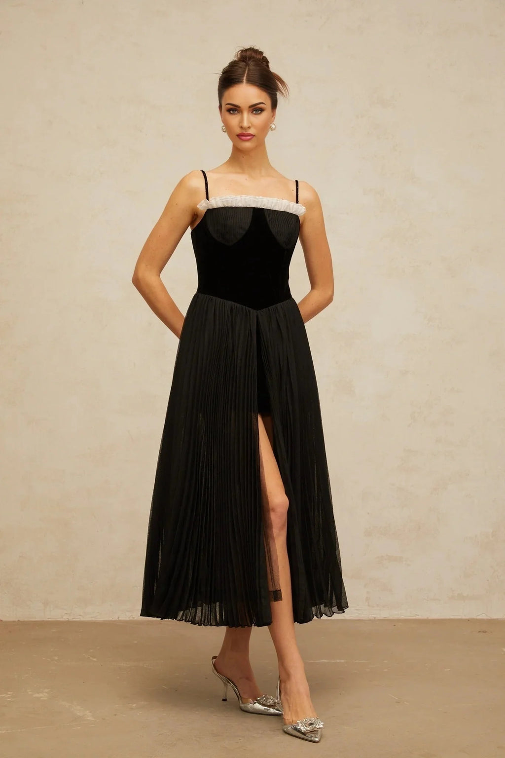 Remi Midi Dress Black & White Velvet Panel Ruffle Slit