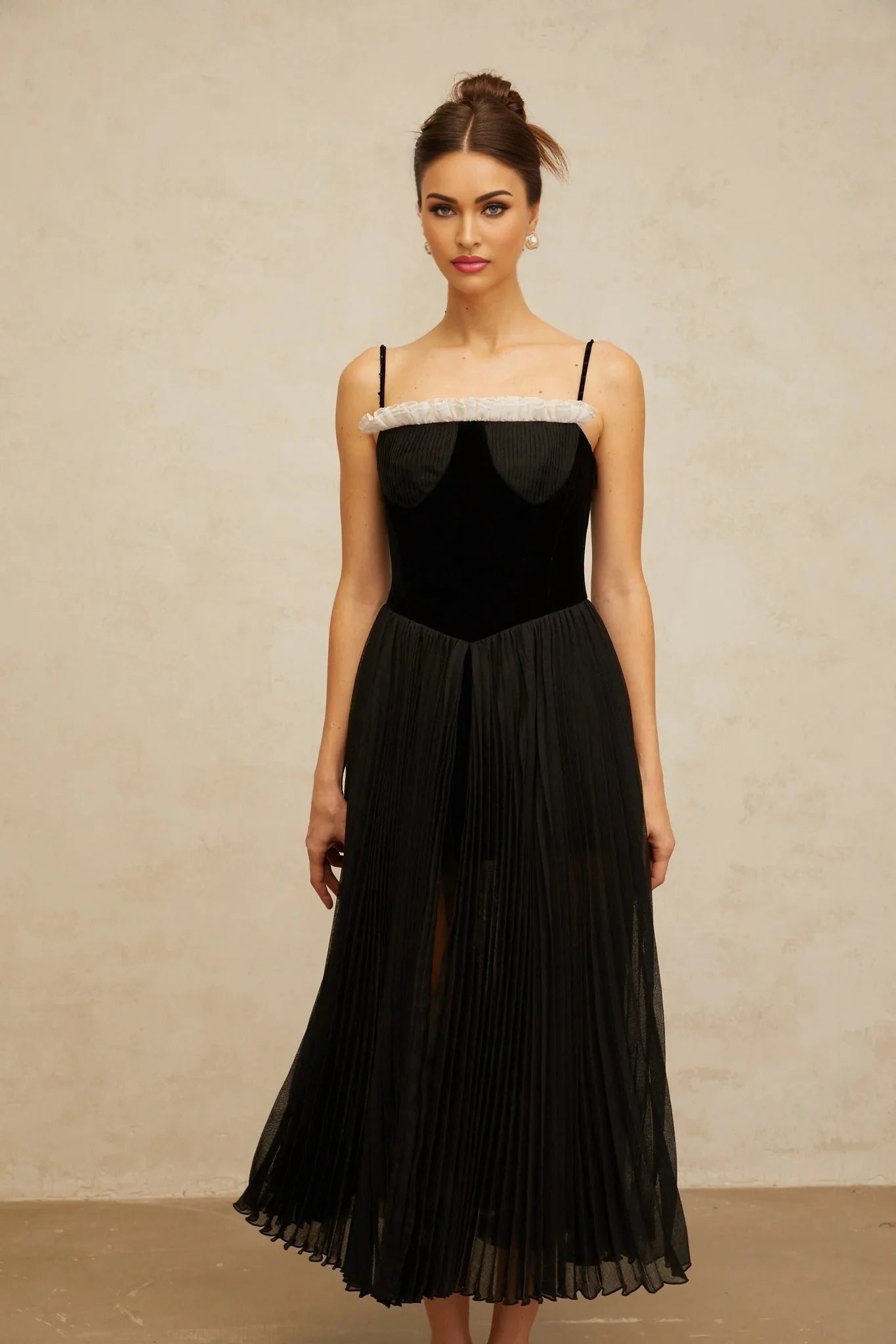 Remi Midi Dress Black & White Velvet Panel Ruffle Slit