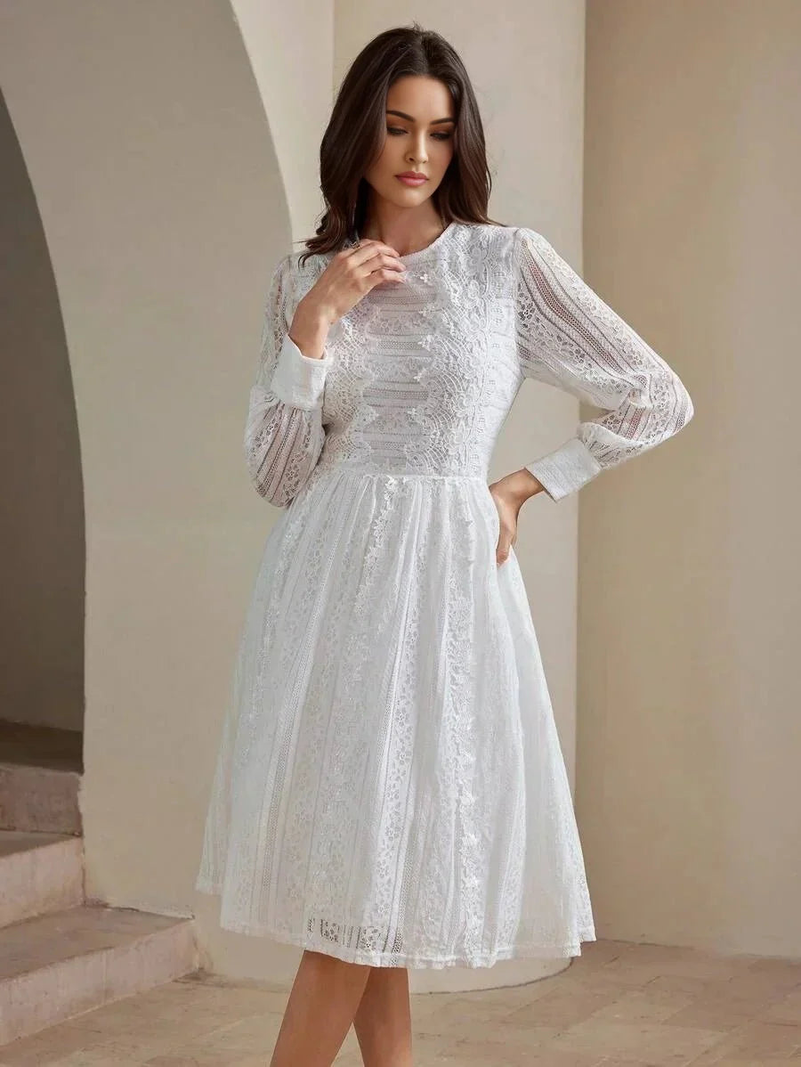 Remi Midi Dress - Round Neck - Bishop Sleeve - High Waist - Elegant - Colorblock
