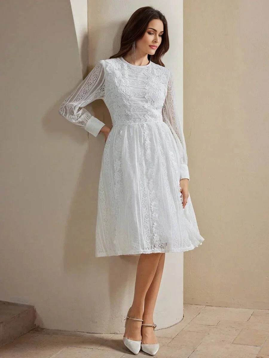 Remi Midi Dress - Round Neck - Bishop Sleeve - High Waist - Elegant - Colorblock